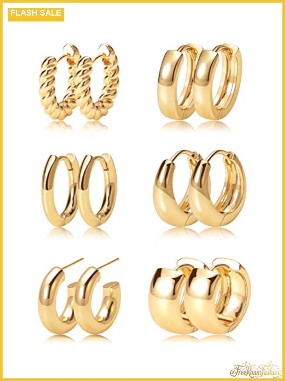 14k Gold Plated Hoop Earrings Set - 6 Pairs Hypoallergenic Huggie